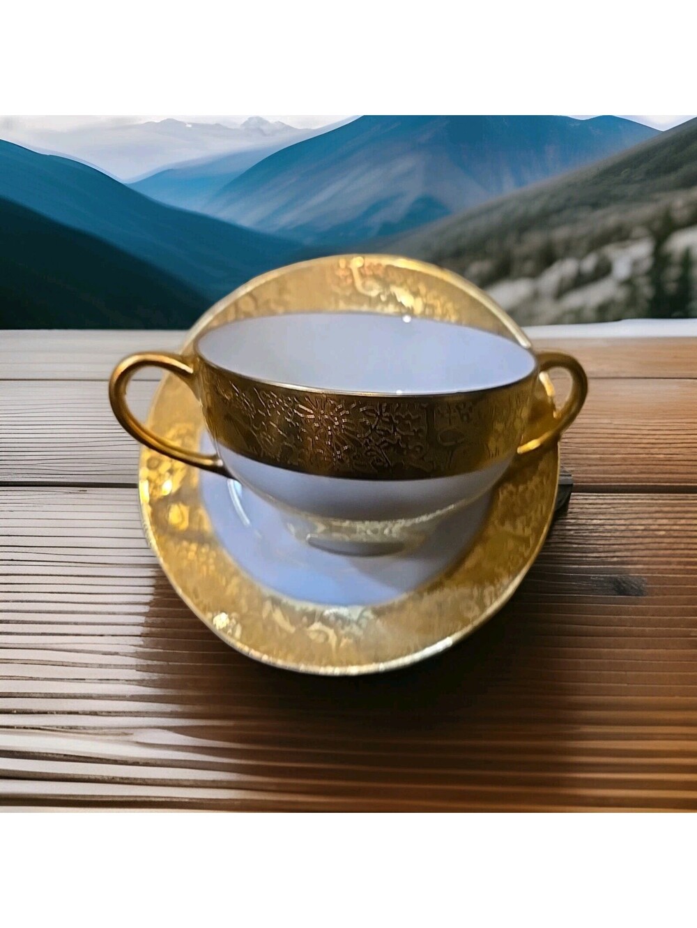Tirschenreuth Bavarian China 2 Handle Soup Cup & Saucer Favorite Pattern Gold